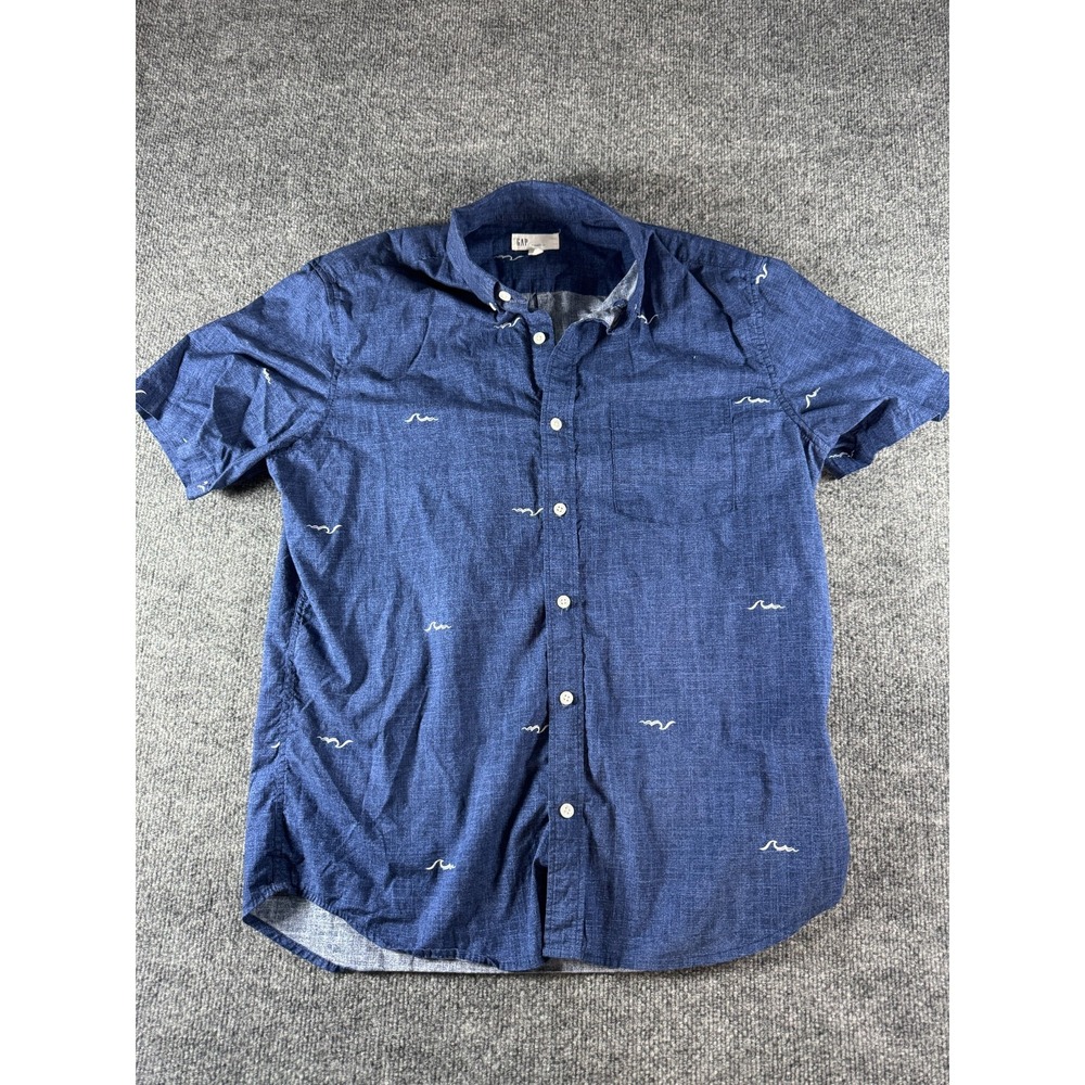 Gap Shirt Mens M Blue Wave Print Short Sleeve Collared Standard Fit Button Down